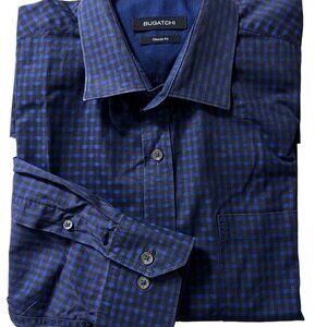 Bugatchi Men XL Button-Up Classic Fit Long Sleeve Navy Blue Checker Dress Shirt